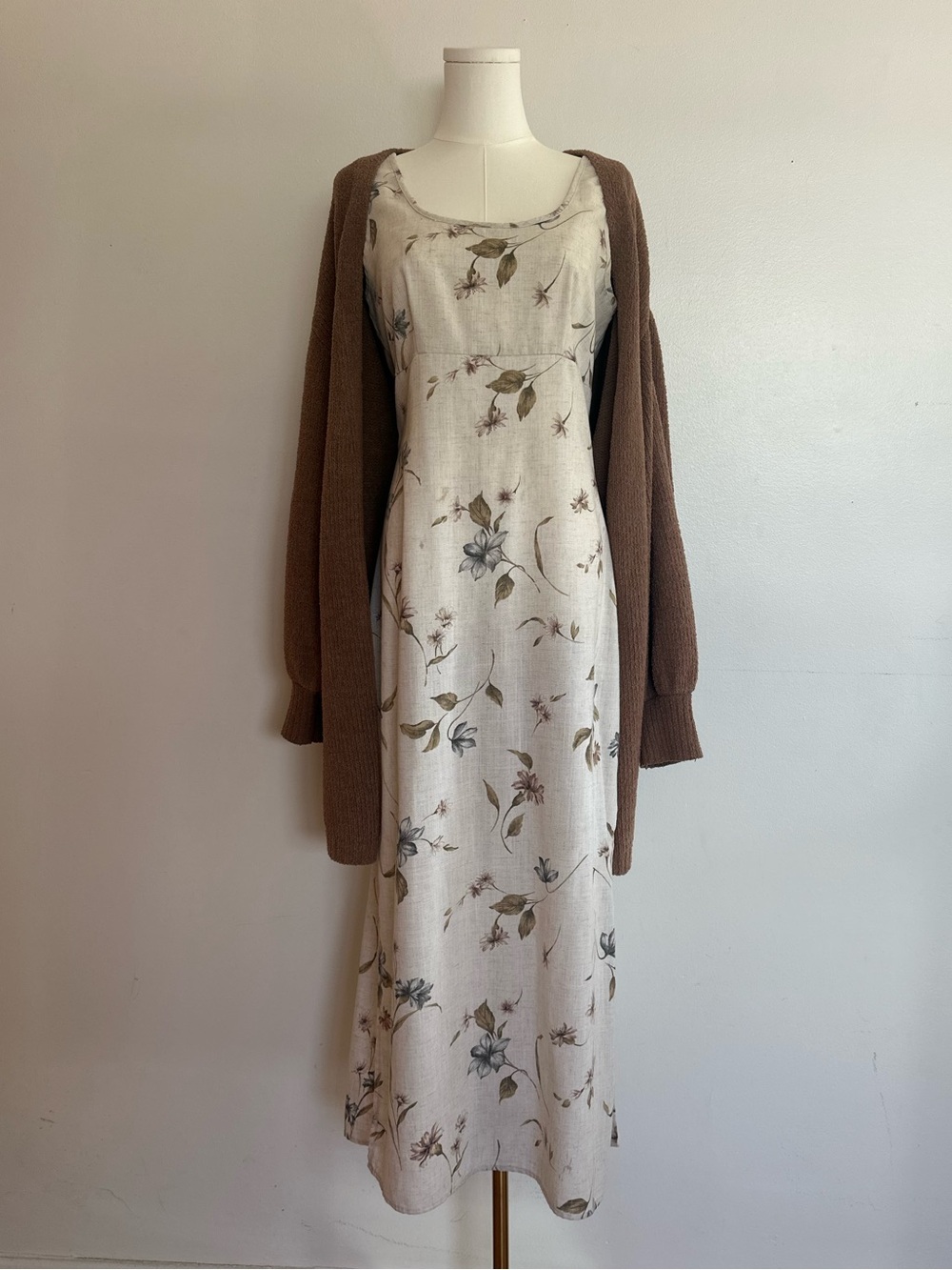 Vtg 90s California Concepts Floral Flax Linen Blend Maxi Dress Cottage Fall Sz 9